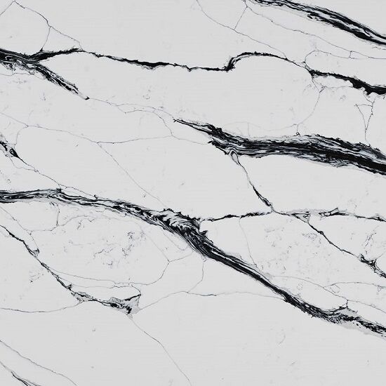 a close-up of Nile Quartz Calacatta Black Fusion